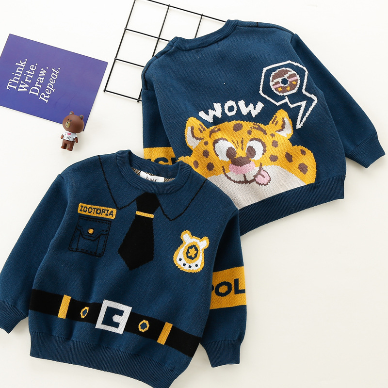韩国ins男童帅气豹警官毛衣秋冬男孩婴儿纯棉双层加厚宽松针织衫