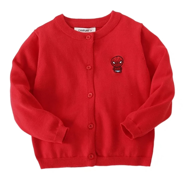 韩系童装男童纯棉红色卡通蜘蛛侠针织开衫宝宝春季薄毛衣外套新年