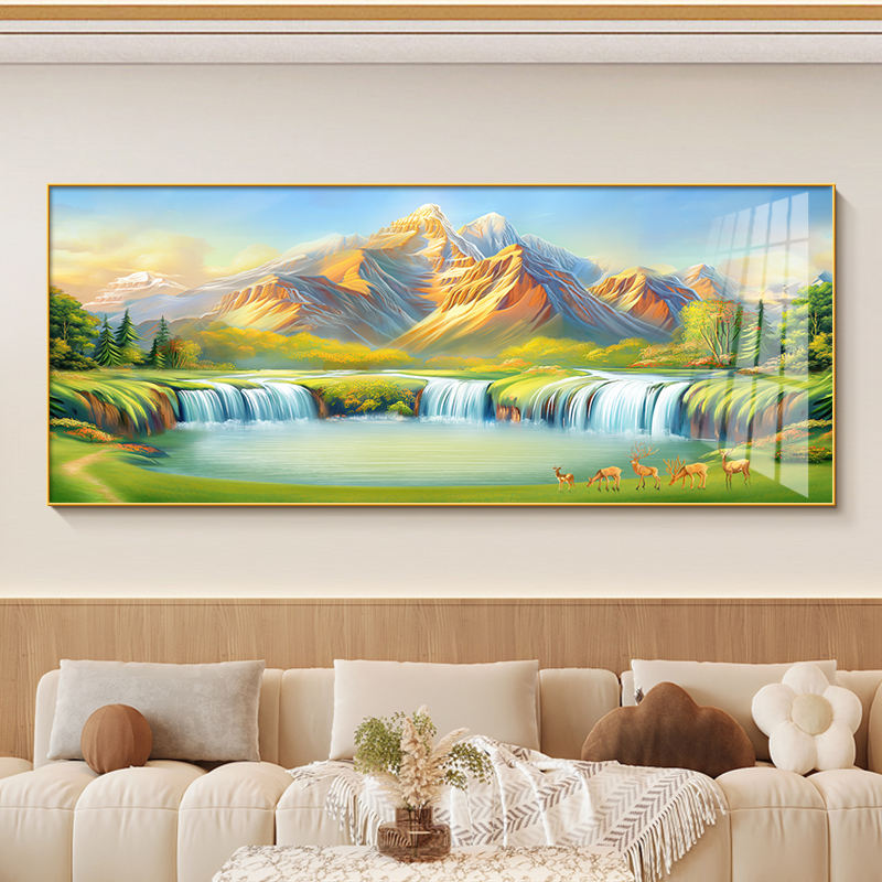 聚宝盆西墙聚财山水画2024新款客厅沙发背景墙装饰画金山画靠山图