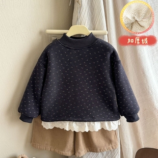 女童秋冬季新款加绒打底宝宝上衣外穿儿童卫衣冬装森系童装加厚潮
