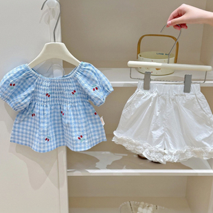 女童夏季套装2026新款女宝宝洋气格子短袖上衣短裤两件套韩版童装