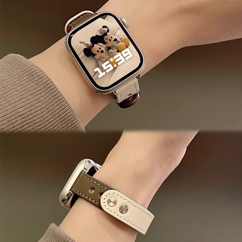 适用苹果apple手表带S11真皮10细款se3头层牛皮8腕带iwatch9女士6