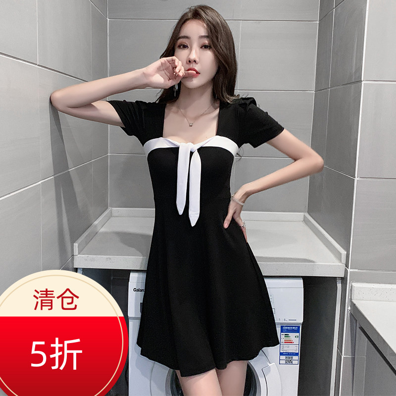 拼色性感低胸方领连衣裙收腰显瘦绑带赫本风气质小个子短款A字裙