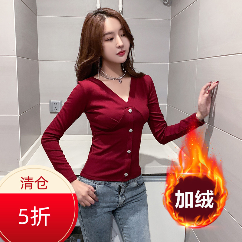 V领上衣女加绒加厚打底衫性感T恤
