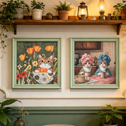 法式复古动物图案装饰画客厅卧室挂画绿色木框小众艺术画