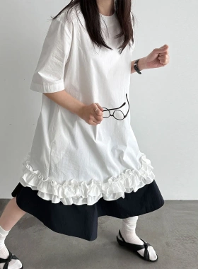 法式法国韩系慵懒风荷叶边连衣裙女26夏季后背系带宽松叠穿中裙9
