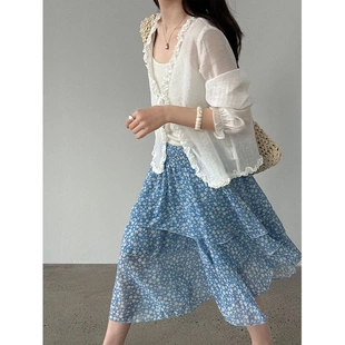 法式 高腰不规则半裙 法国韩系温柔风碎花多层荷叶边半身裙女26夏季