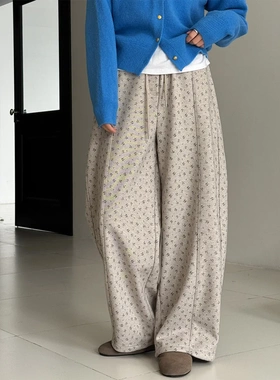 法式碎花直筒裤宽松阔腿裤女冬季新款显瘦百搭松紧腰长裤子1