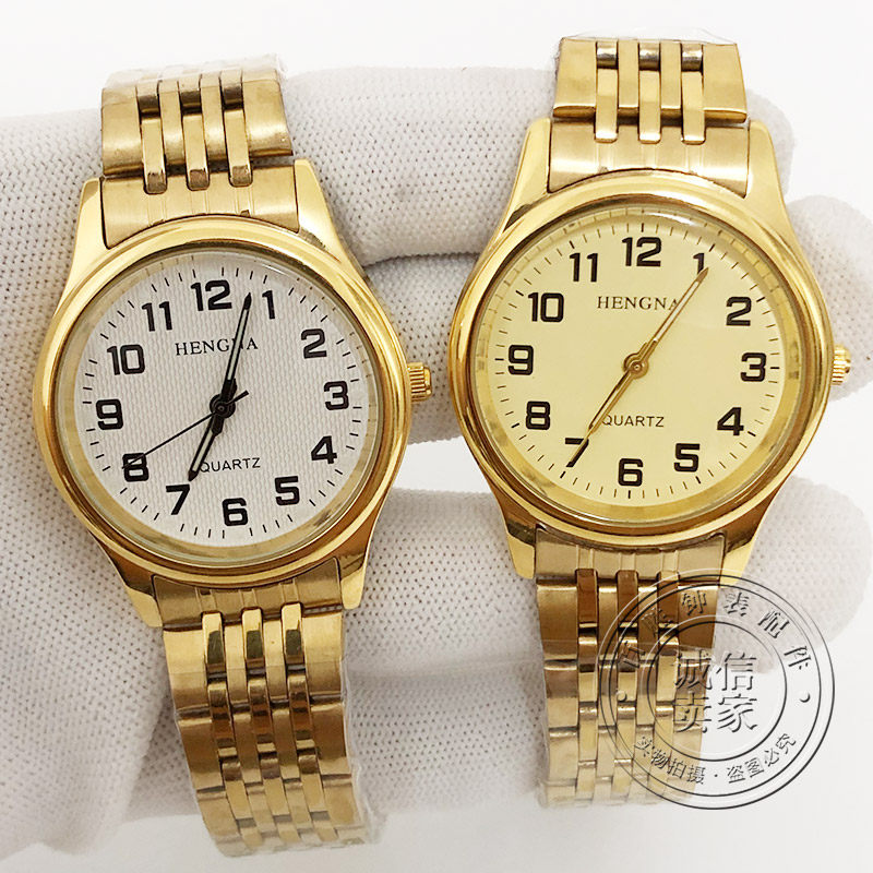 亨纳手表中老年人数字石英表金色手表无历腕表钻面条丁表盘男女款