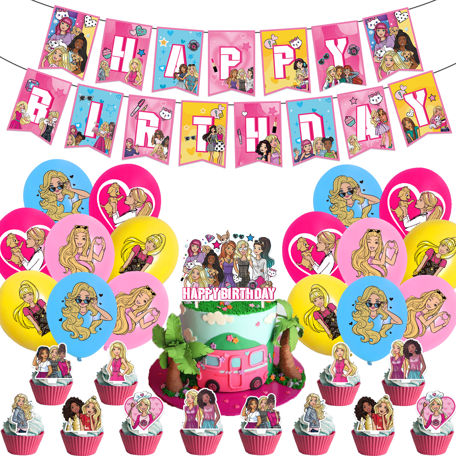 芭比娃娃气球粉色生日蛋糕插牌