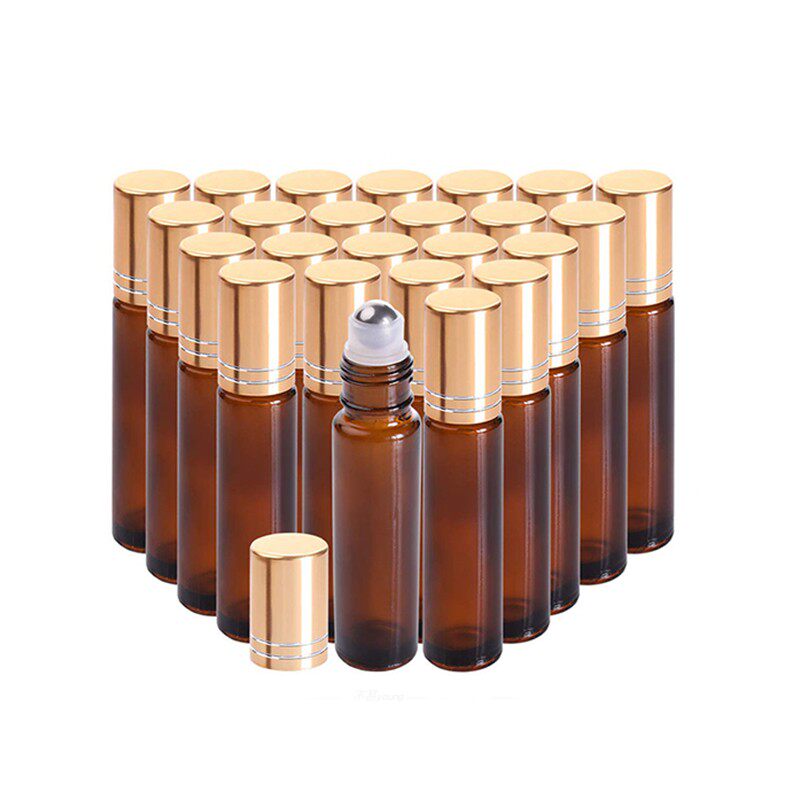 热销24支10ml加厚玻璃茶色滚珠瓶黑盖金盖钢制走珠香水分装瓶包邮