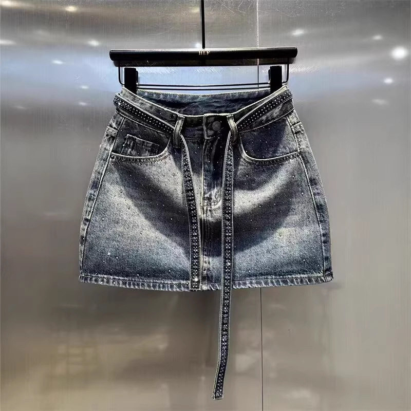 大码复古渐变烫钻牛仔半身裙女夏季胖mm高腰显瘦包臀a字短裙子