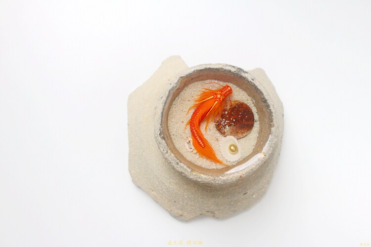 灰陶碗底红鳌鱼龙头锦鲤摆件树脂画手绘 琥珀绘Amber painting