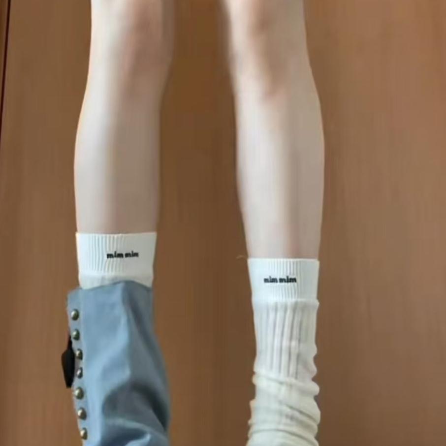 靴袜女秋冬季纯棉显瘦日系小腿袜套白灰色堆堆袜长字母芭蕾miu风