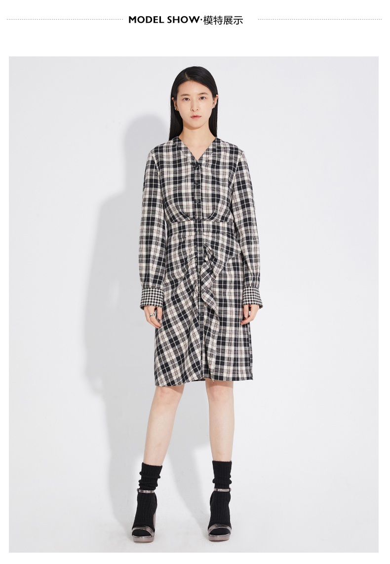 mind bridge秋冬女士格子褶皱休闲百搭连衣裙少量muop721d-798
