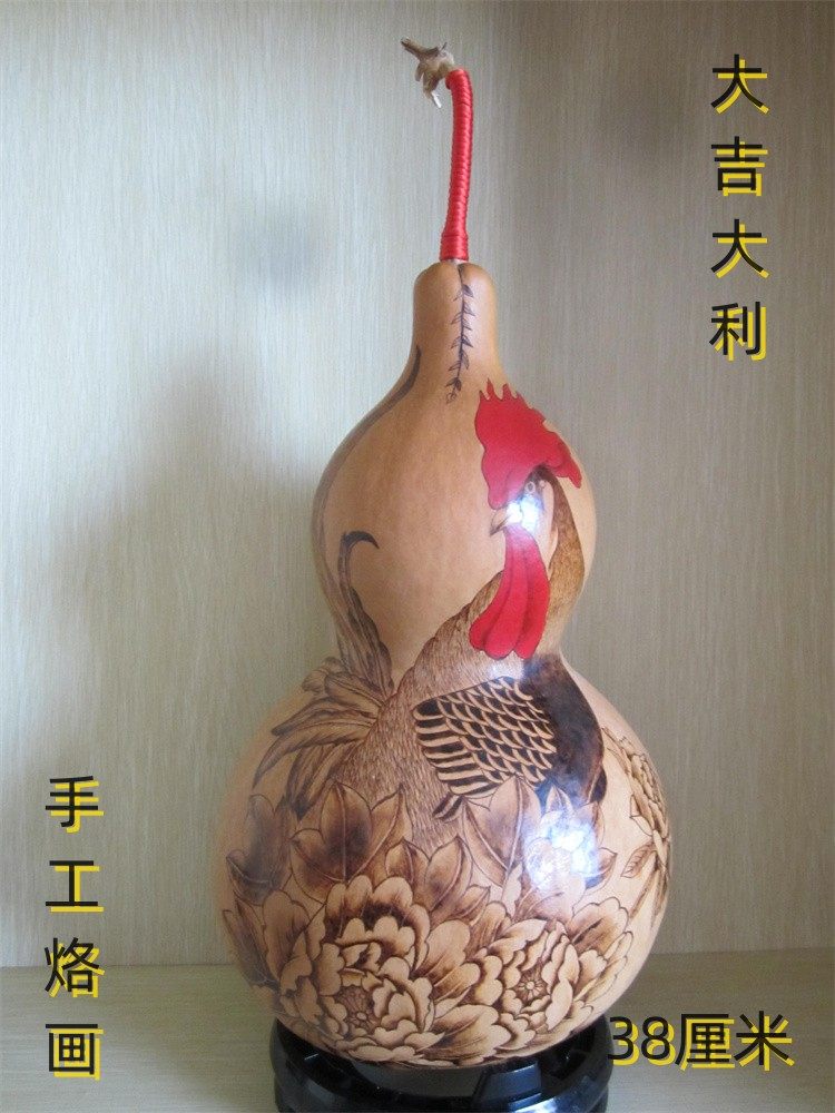 天然亚腰大葫芦手工烙画葫芦大公鸡大吉大利收藏馈赠佳品现货