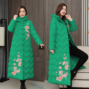 冬加厚广场舞团购复古盘扣棉衣女长款民族风刺绣棉服过膝棉袄外套
