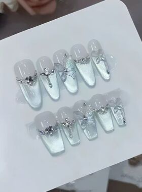 冰川蝶纯手工清新蓝色法式猫眼蝴蝶拼钻穿戴甲轻奢纯欲显白美甲