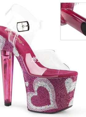 美国Pleaser17.8cm心形鞋跟水钻装饰防水台高跟凉鞋钢管舞系带鞋