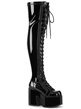 美国Pleaser/Demonia12.75cm粗跟漆皮系带过膝弹力长筒超高跟女靴