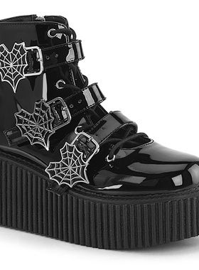 美国代购Pleaser/Demonia7.6cm厚底及踝靴心形蜘蛛网扣带马丁靴女