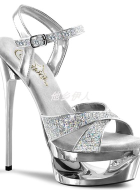 他乡伊人美国Pleaser细高跟镂空防水台凉鞋水钻交叉带高跟凉鞋女