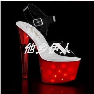 美国Pleaser17.8cm防水台USB充电LED彩灯钢管舞高跟凉鞋 系带凉鞋