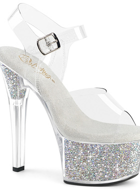 美国代购Pleaser15.2cm水钻防水台透明高跟凉鞋露趾系带厚底女鞋