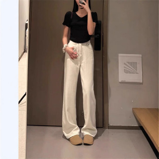 米杏色多巴胺直筒牛仔裤女春夏天新款小个子高腰宽松垂感阔腿裤子