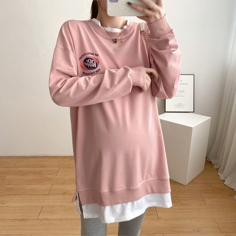 출산 가을 정장 세련된 한국 스타일 느슨한 대형 운동복 순수 코튼 중간 길이 인터넷 연예인 긴 소매 봄 가을 탑