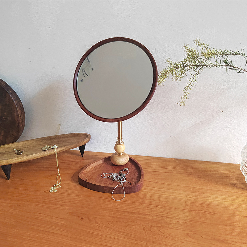 中古木质桌面圆形化妆镜台式可旋转梳妆台复古美妆镜ins梳妆镜