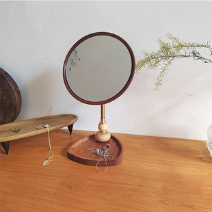 中古木质桌面圆形化妆镜台式 可旋转梳妆台复古美妆镜ins梳妆镜