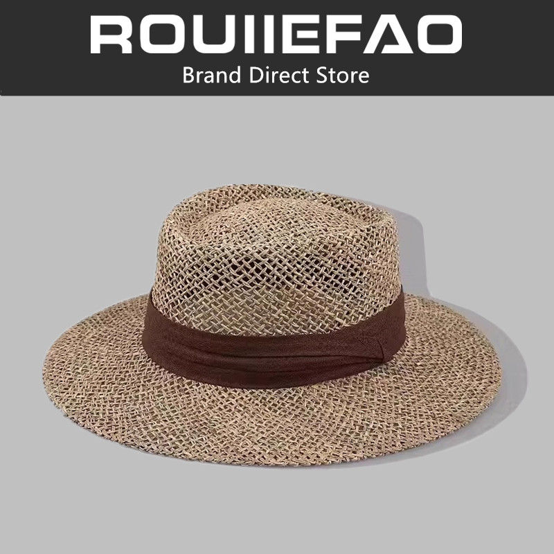 ROUIIEFAO老钱风平顶草帽礼帽女夏季海边度假遮阳沙滩帽防晒帽子