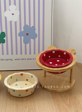 ins风可爱波点猫碗陶瓷宠物狗狗饭盆高脚护颈防打翻水粮双碗
