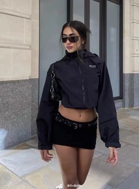 ins辣妹prix复古短款运动夹克外套新款抽绳高腰宽松速干冲锋衣