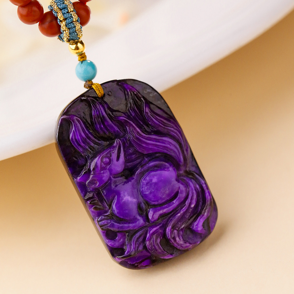 守护爱情的九尾狐丨丝绒料艳紫色天然舒俱来九尾狐吊坠 料子油润