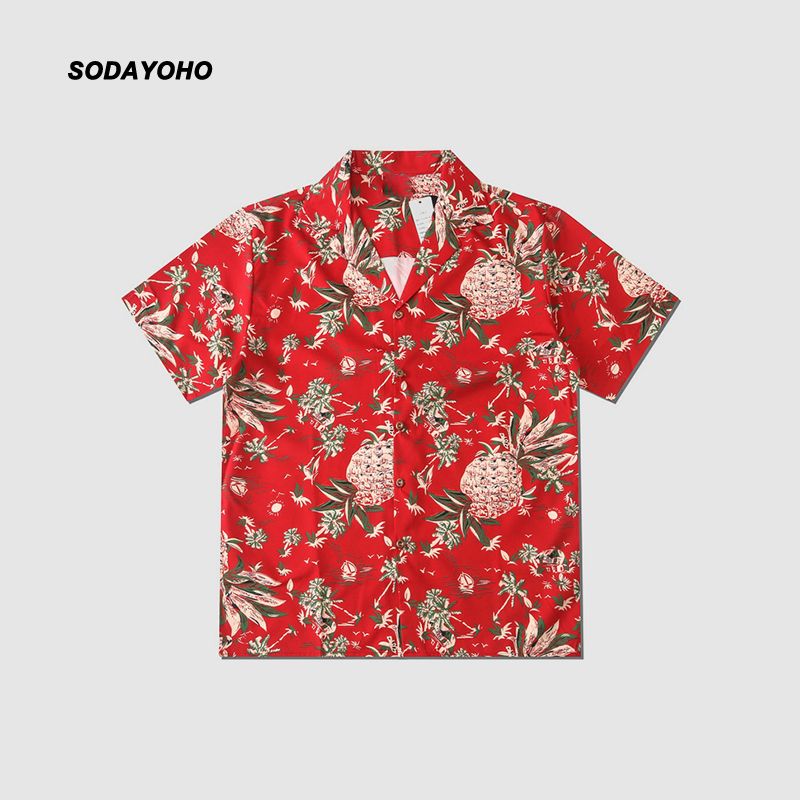 SODAYOHO红色菠萝印花短袖衬衫复古港风宽松oversize薄款衬衣男女