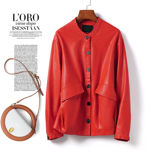 皮衣女士真皮外套短款红色圆领韩版休闲绵羊皮秋冬新款海宁皮夹克