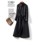 真皮衣女中长款 立领系带收腰黑色显瘦秋冬新款 海宁高端绵羊皮外套