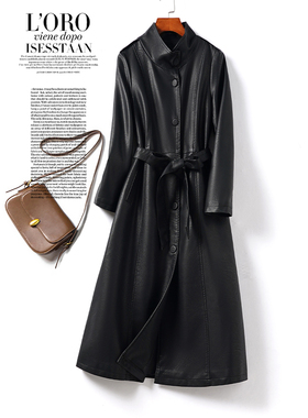 真皮衣女中长款立领系带收腰黑色显瘦秋冬新款海宁高端绵羊皮外套