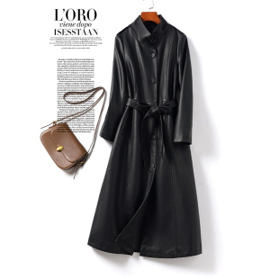 真皮衣女中长款立领系带收腰黑色显瘦秋冬新款海宁高端绵羊皮外套