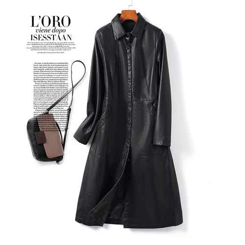 海宁皮衣中长款黑色显瘦修身气质