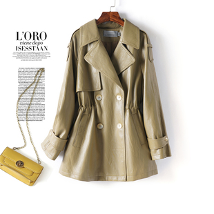 皮衣女士中长款收腰双排扣英伦风衣小个子秋冬新款海宁绵羊皮外套