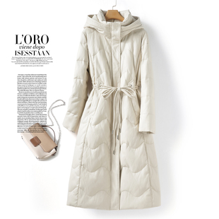 真皮羽绒服女外套中长款连帽收腰米白色冬季加厚90白鸭绒绵羊皮衣