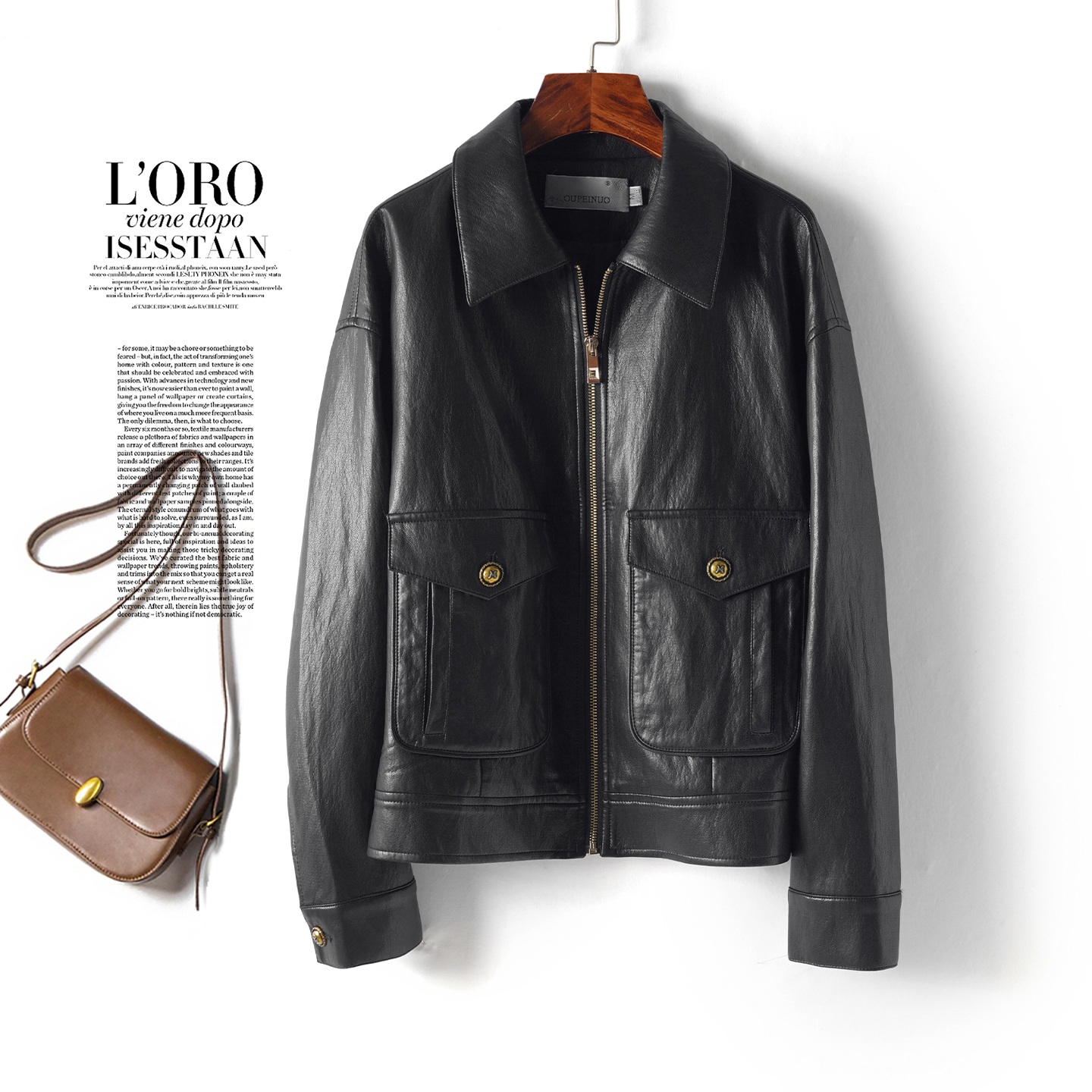 海宁短款翻领黑色皮衣女羊皮外套