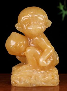 天然白玉米黄玉猴子灵猴献宝摆件十二生肖摆件送长辈贺寿酒柜招财