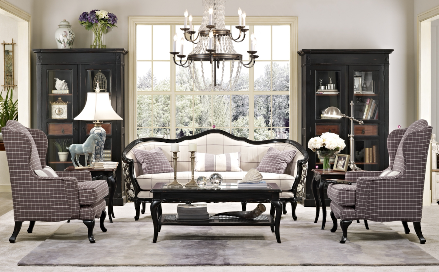 正版现货法式轻奢休闲黑木架米色方格布艺三人沙发爆亏狂甩一口价