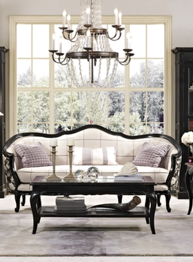 正版现货法式轻奢休闲黑木架米色方格布艺三人沙发爆亏狂甩一口价