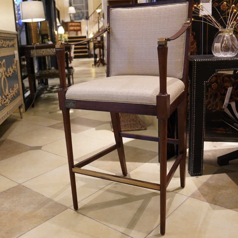 原装进口正版现货美式现代潮牌咖色木质皮扶手铜件布艺摩纳哥吧椅