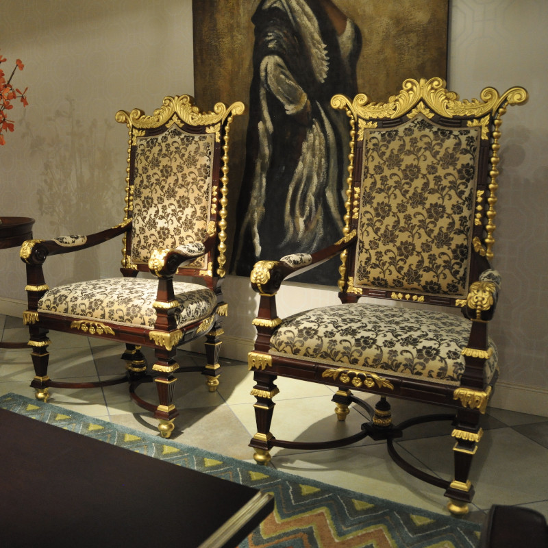 现货欧式奢华酒店大堂柚木布艺鎏金高背扶手休闲椅样品爆亏一口价